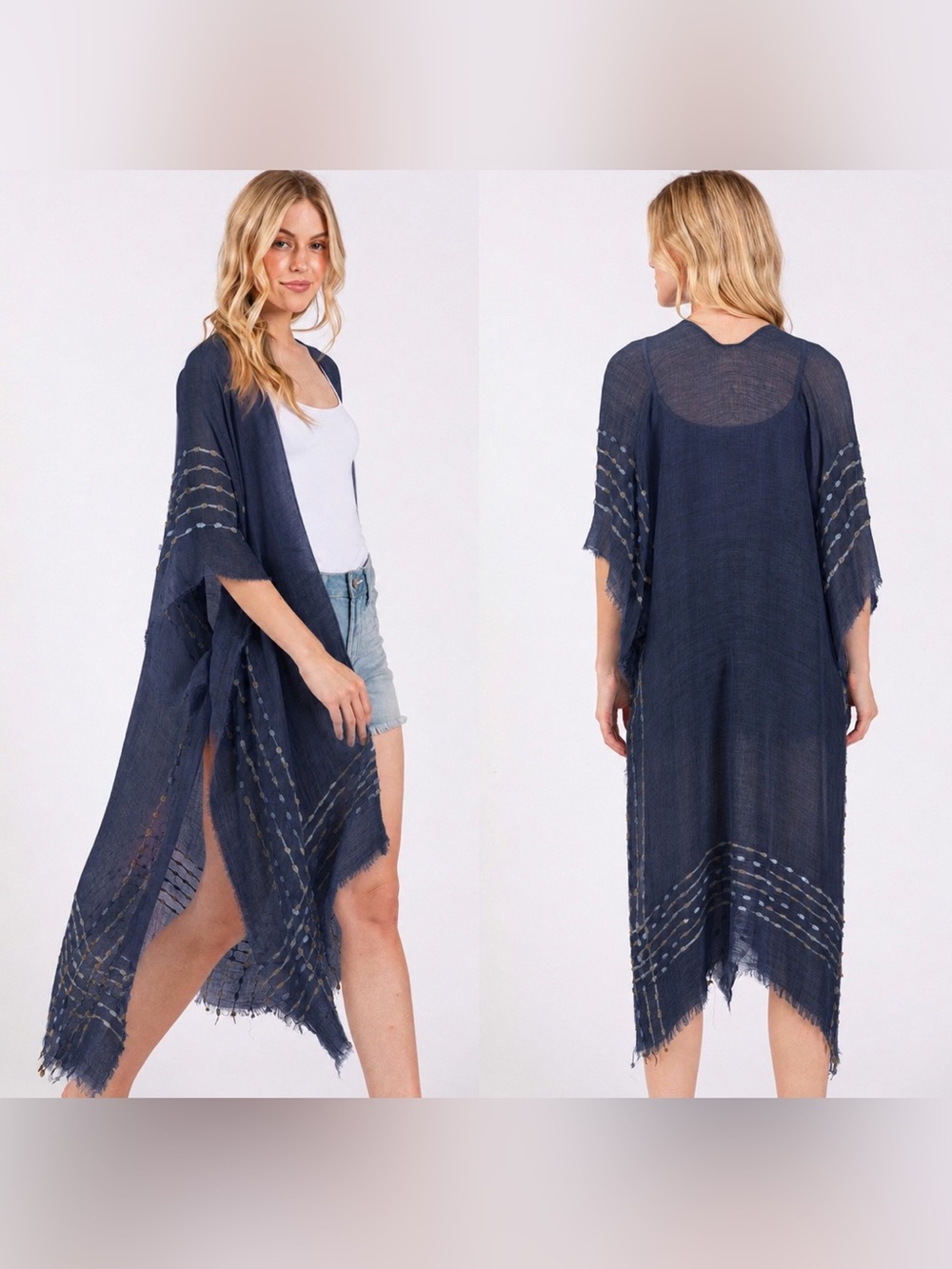 Navy Blue Boho Fringe Stitch Design Open Duster Kimono Cover-Up Shawl Wrap - Picture 2 of 3